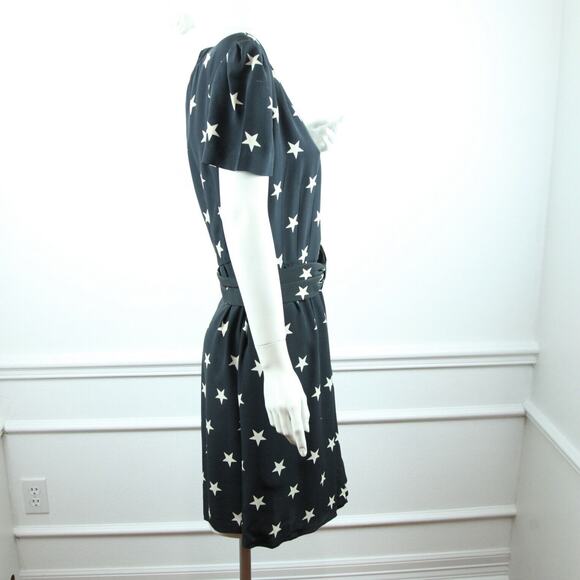 Vintage 80s Andre Laug Black Silk Star Dress Belted Designer M Cocktail Wrap - Picture 10 of 11